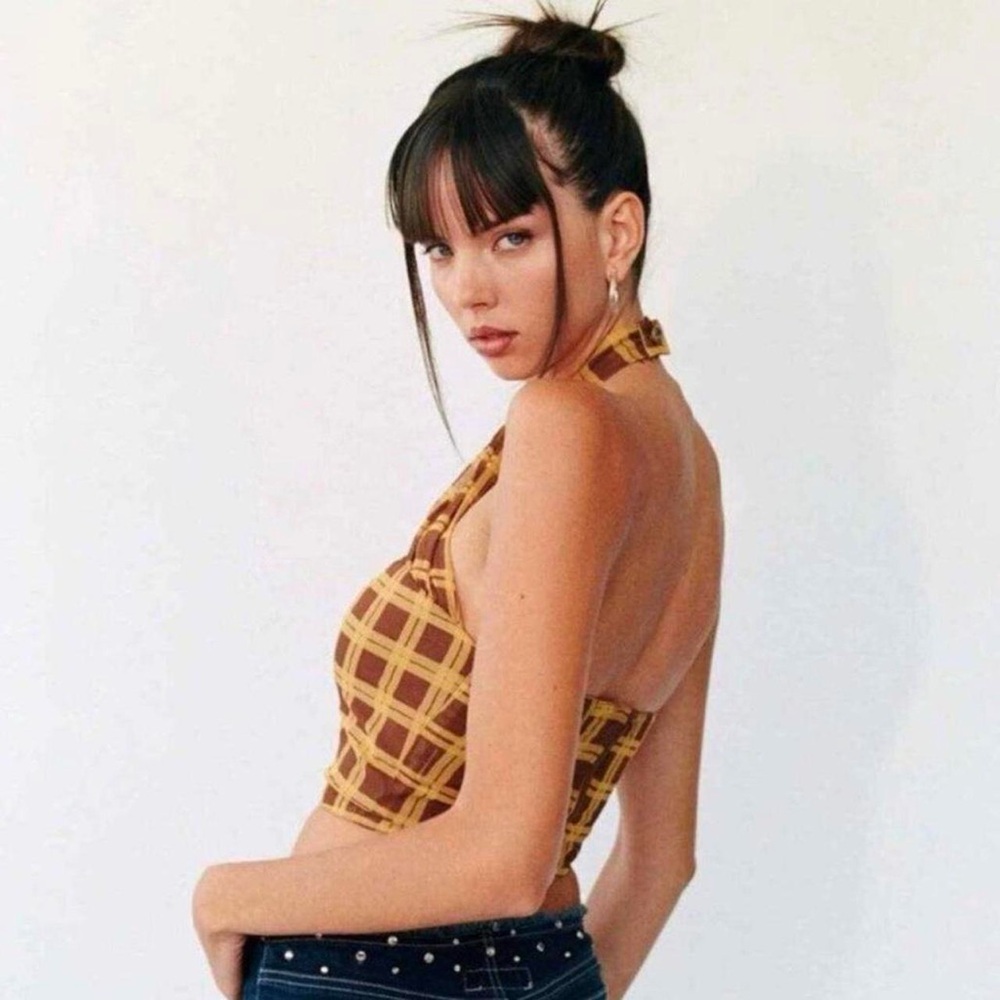 With Jean Brown and Tan Checkered Crop Top - Picture 2 of 5